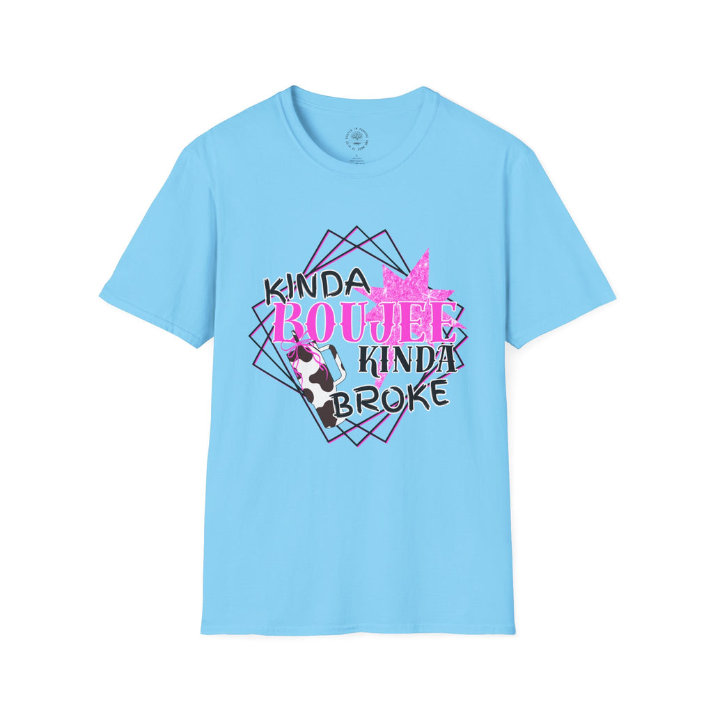 T-Shirt — "Kinda Boujee Kinda Broke" Graphic Tee (Cowhide & Pink Floral)