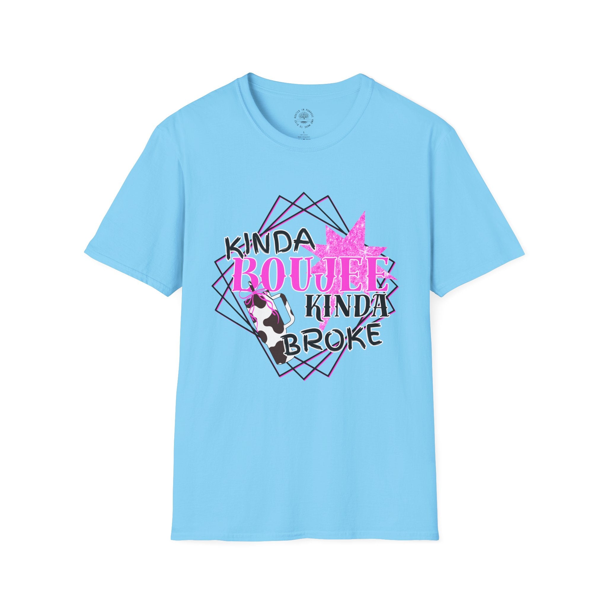 T-Shirt — "Kinda Boujee Kinda Broke" Graphic Tee (Cowhide & Pink Floral)