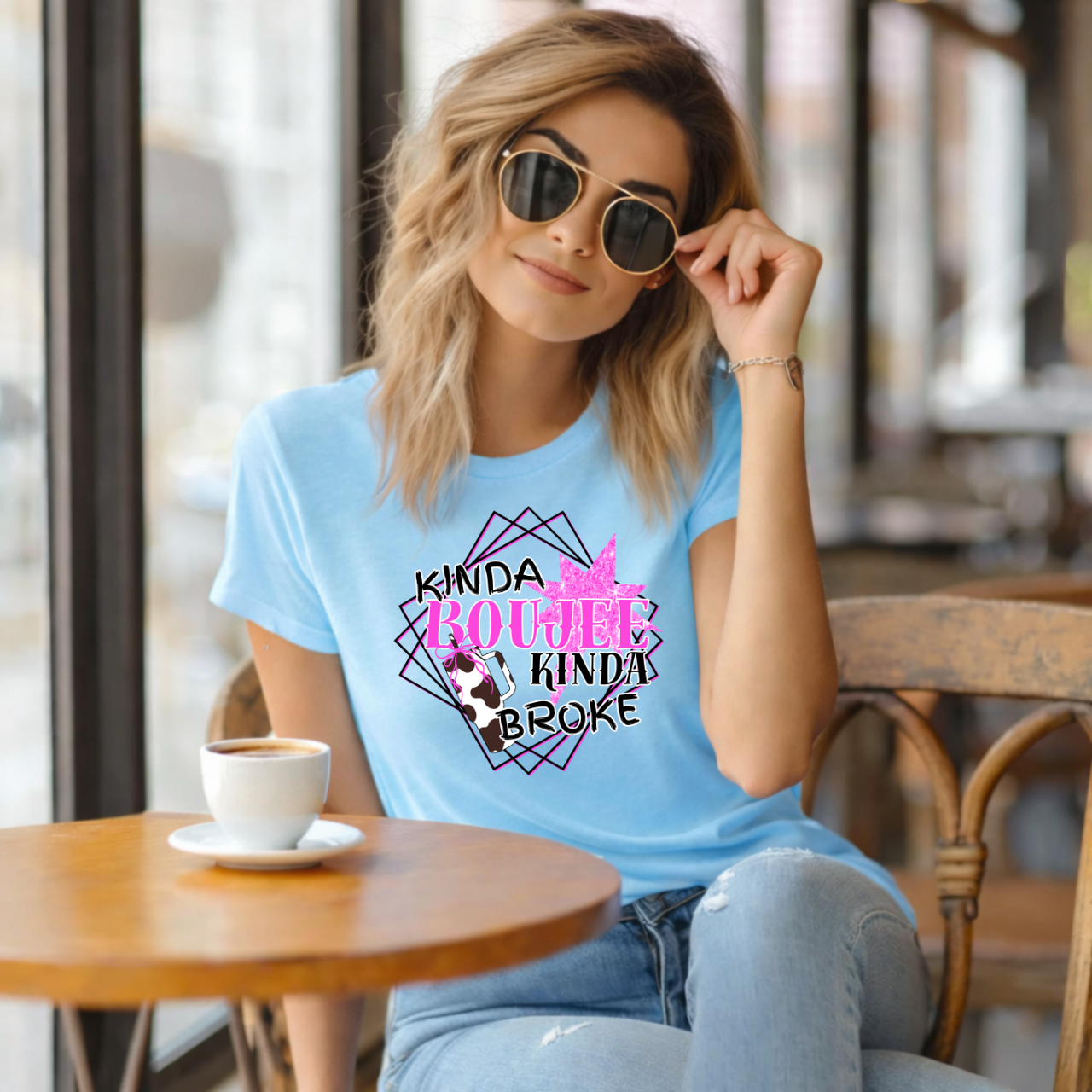 T-Shirt — "Kinda Boujee Kinda Broke" Graphic Tee (Cowhide & Pink Floral)