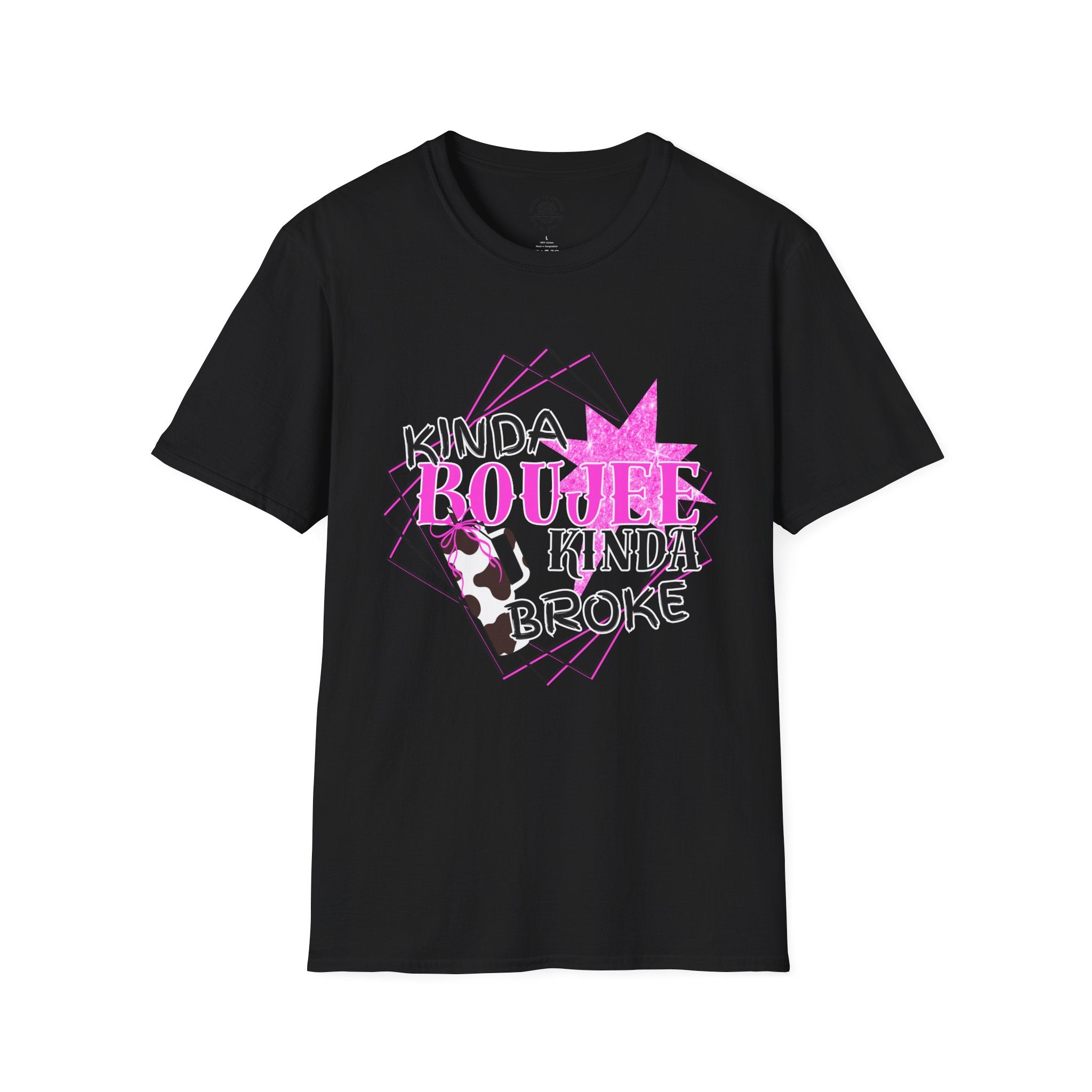 T-Shirt — "Kinda Boujee Kinda Broke" Graphic Tee (Cowhide & Pink Floral)