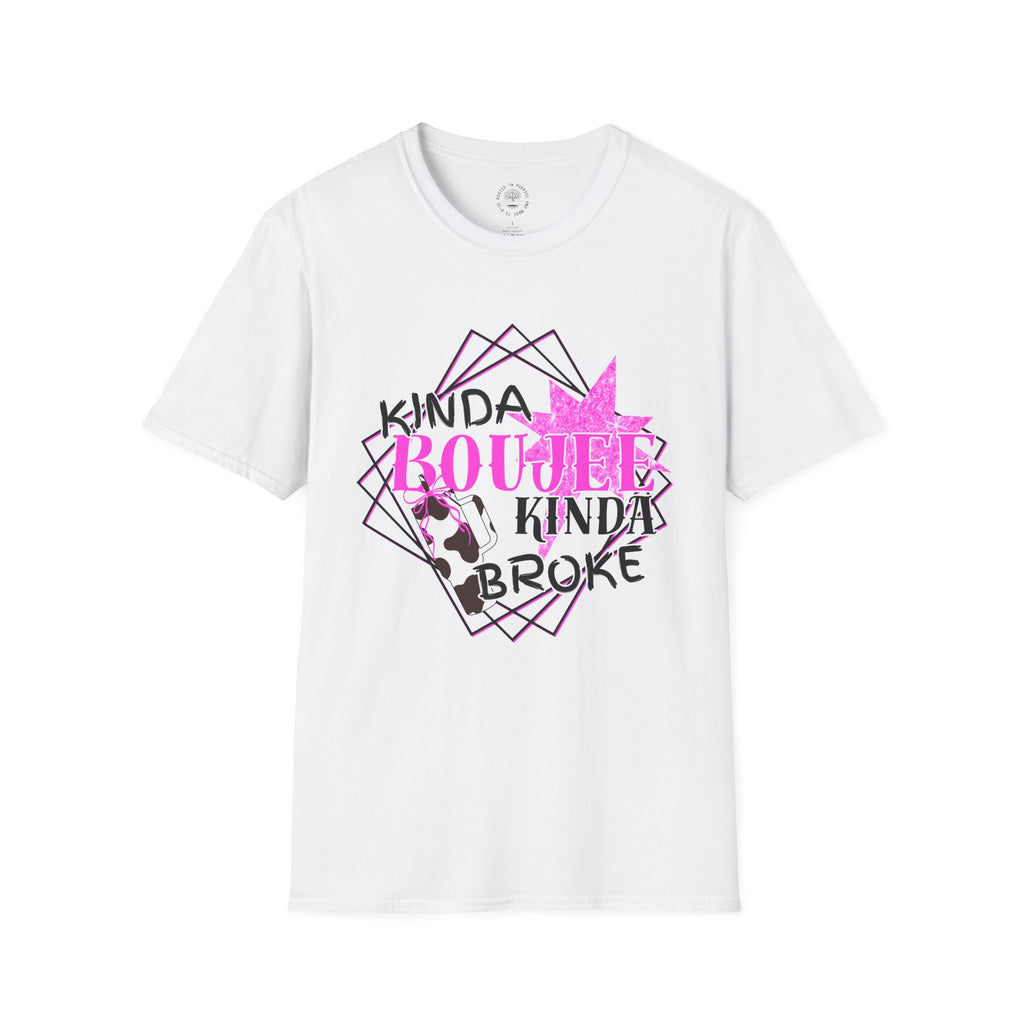 T-Shirt — "Kinda Boujee Kinda Broke" Graphic Tee (Cowhide & Pink Floral)