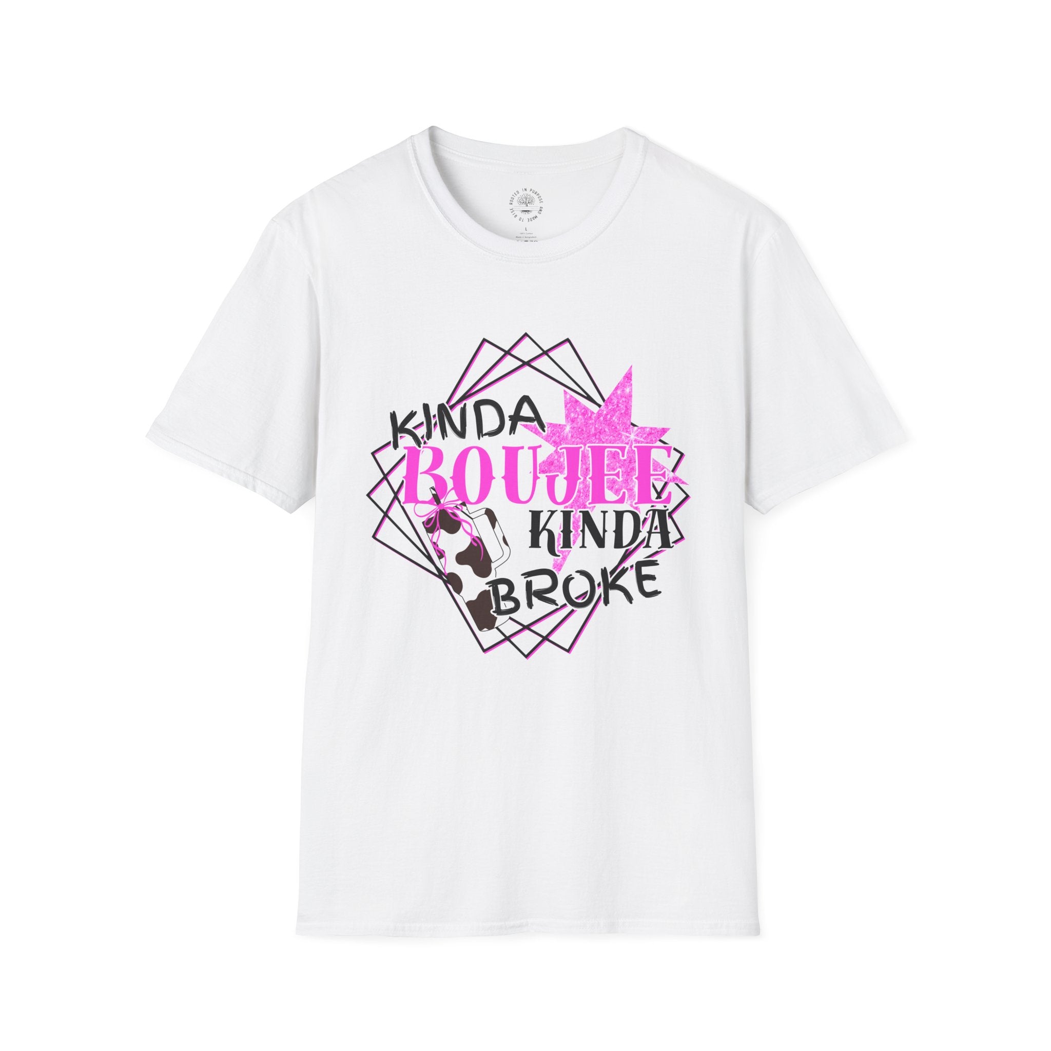 T-Shirt — "Kinda Boujee Kinda Broke" Graphic Tee (Cowhide & Pink Floral)