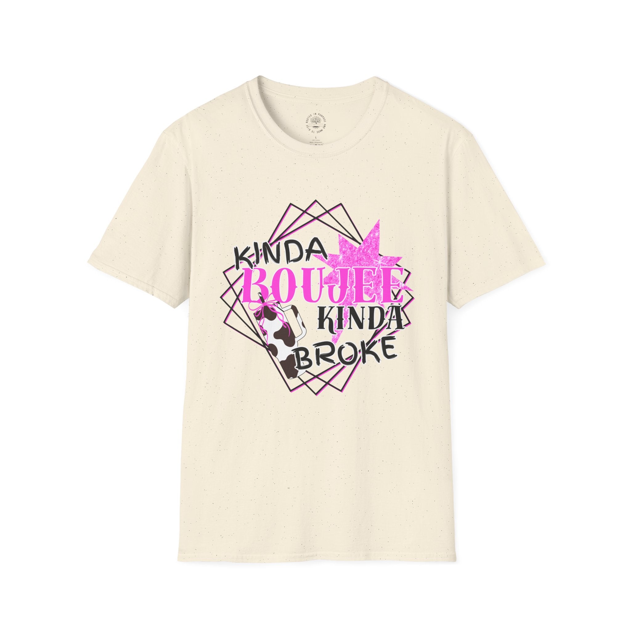 T-Shirt — "Kinda Boujee Kinda Broke" Graphic Tee (Cowhide & Pink Floral)