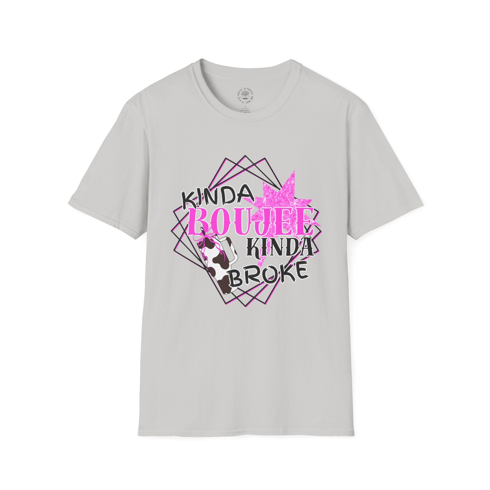 T-Shirt — "Kinda Boujee Kinda Broke" Graphic Tee (Cowhide & Pink Floral)