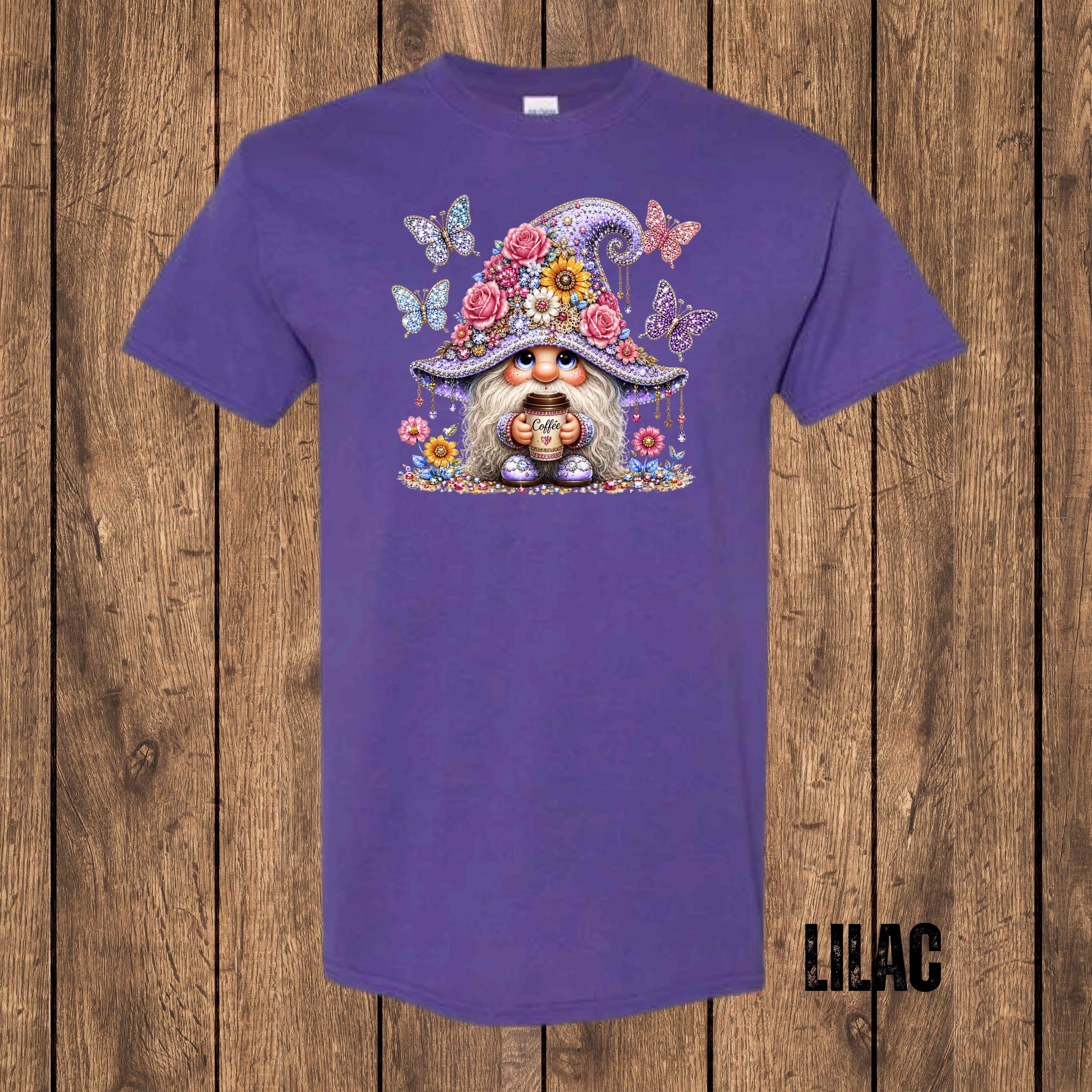 Floral Coffee Gnome Graphic T-Shirt | Cute Gnome Tee for Coffee Lovers