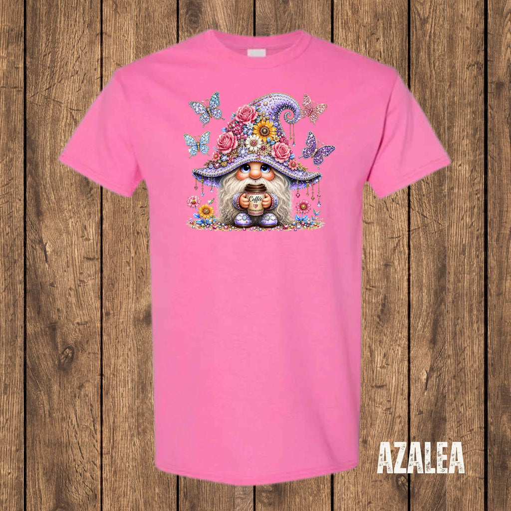 Floral Coffee Gnome Graphic T-Shirt | Cute Gnome Tee for Coffee Lovers