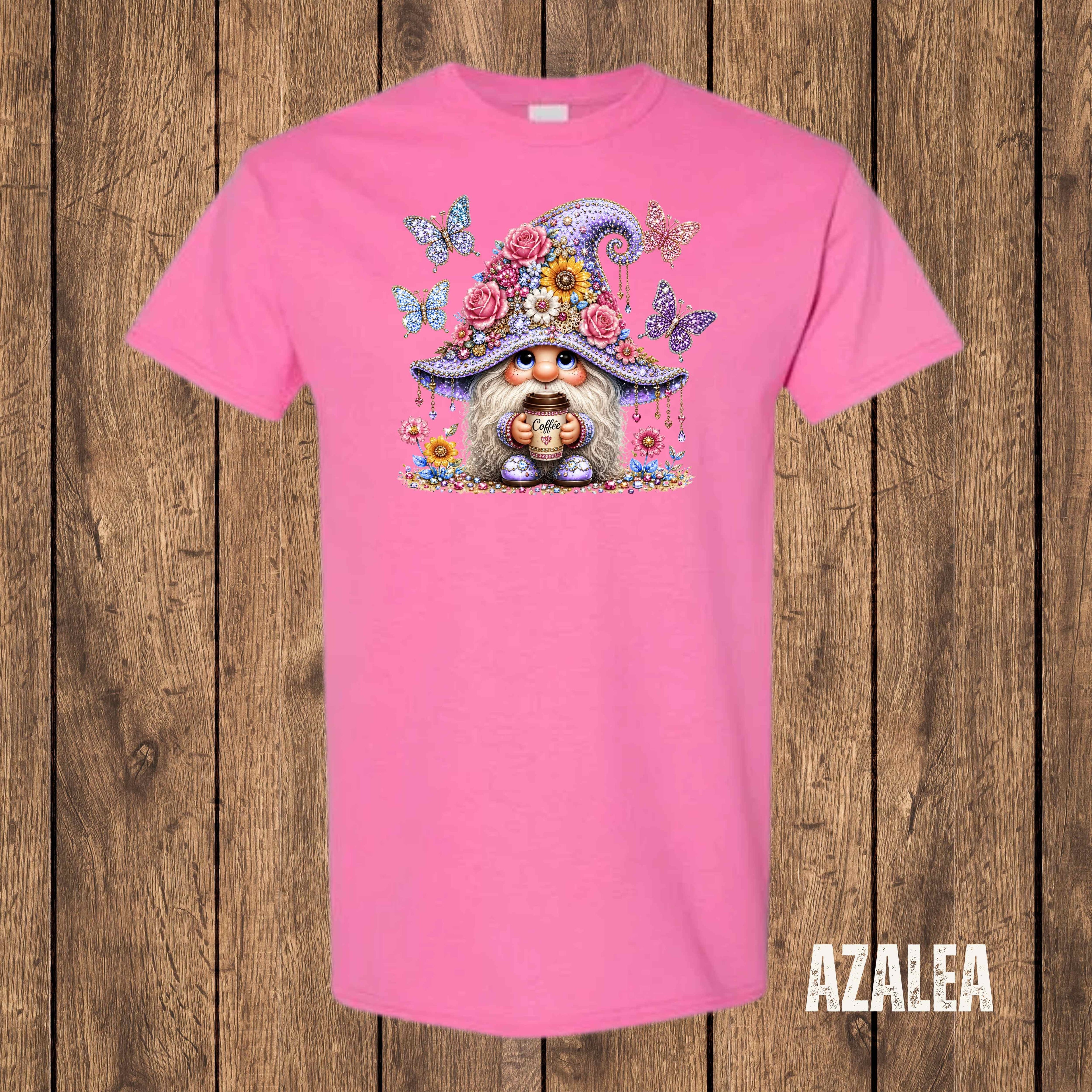 Floral Coffee Gnome Graphic T-Shirt | Cute Gnome Tee for Coffee Lovers