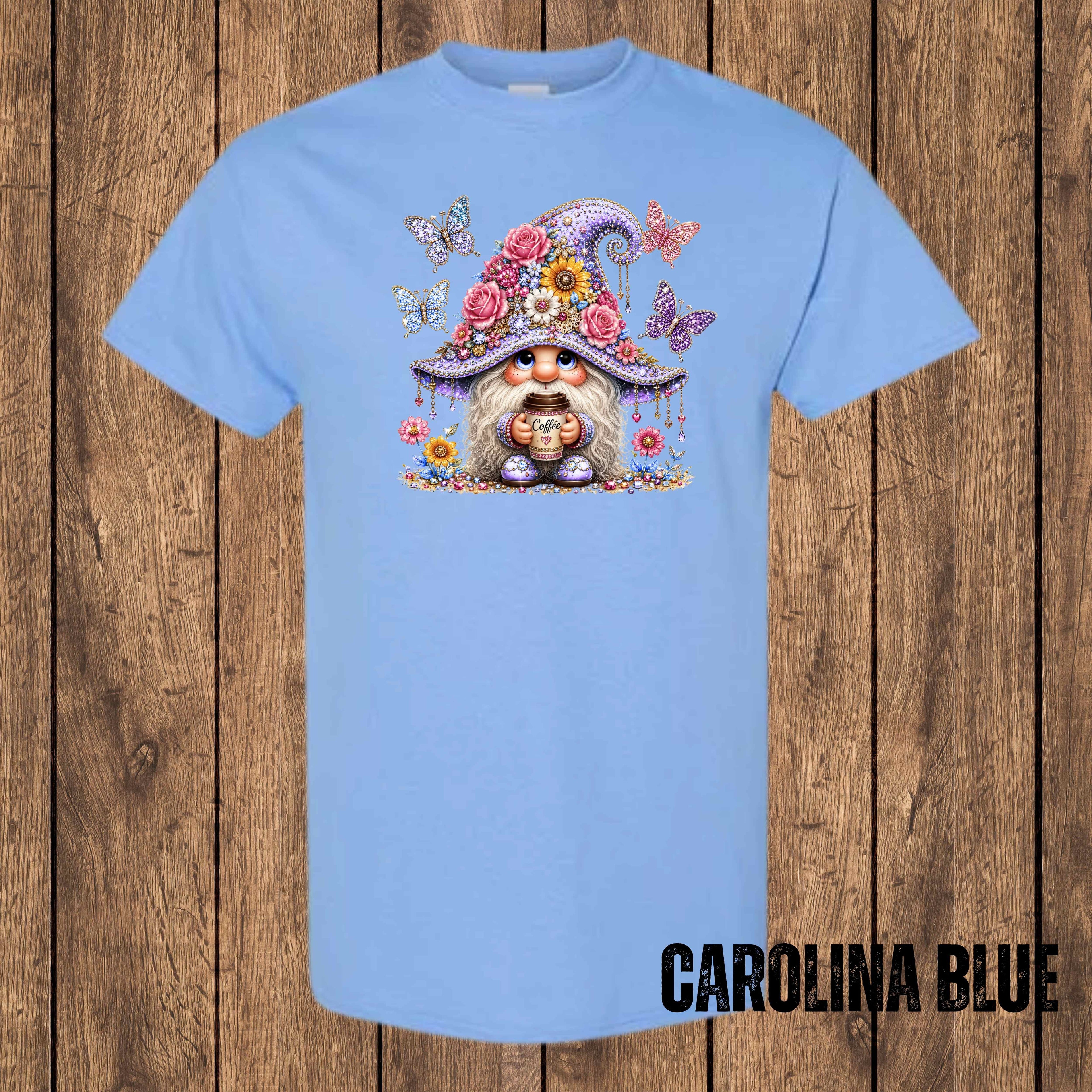 Floral Coffee Gnome Graphic T-Shirt | Cute Gnome Tee for Coffee Lovers