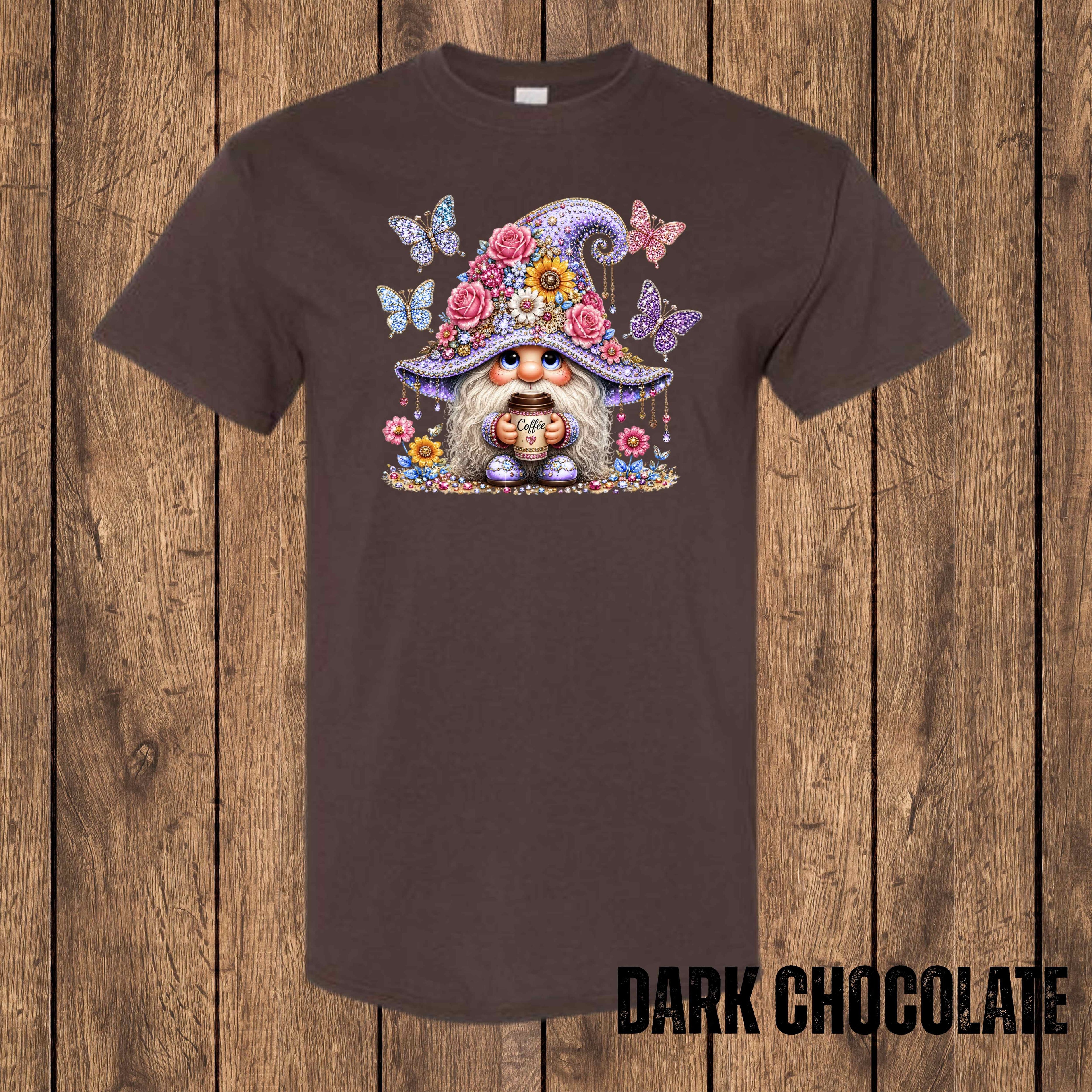 Floral Coffee Gnome Graphic T-Shirt | Cute Gnome Tee for Coffee Lovers