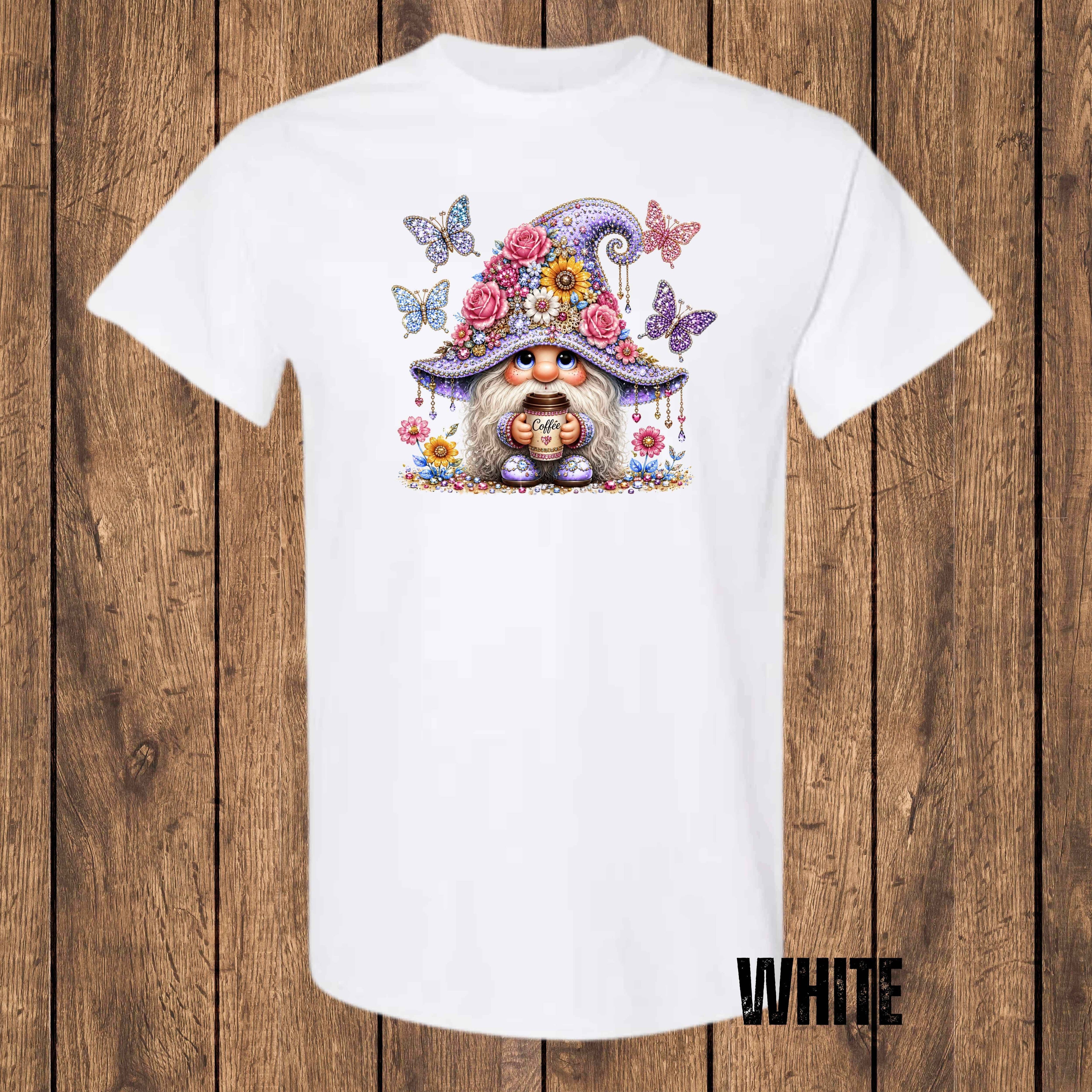Floral Coffee Gnome Graphic T-Shirt | Cute Gnome Tee for Coffee Lovers
