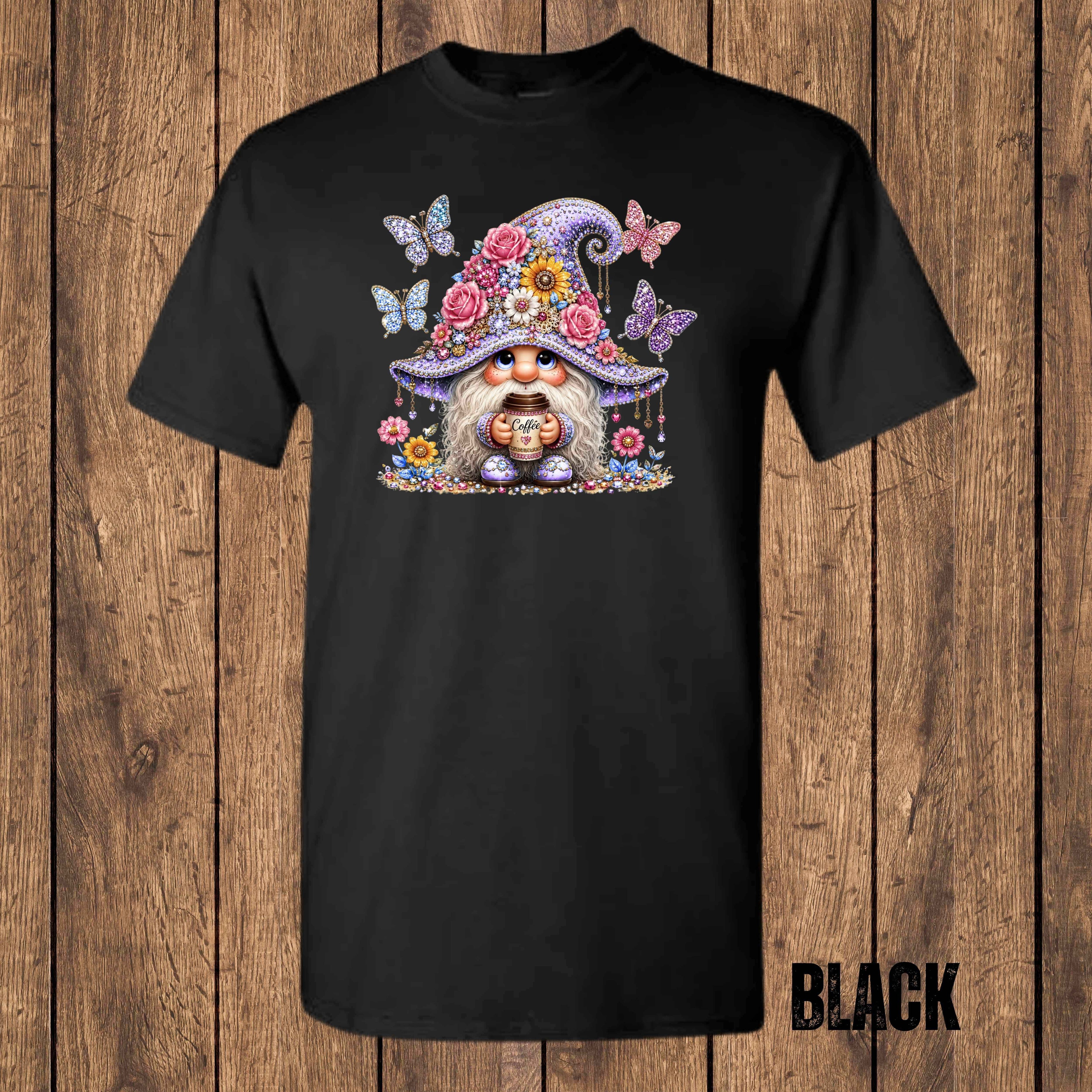 Floral Coffee Gnome Graphic T-Shirt | Cute Gnome Tee for Coffee Lovers
