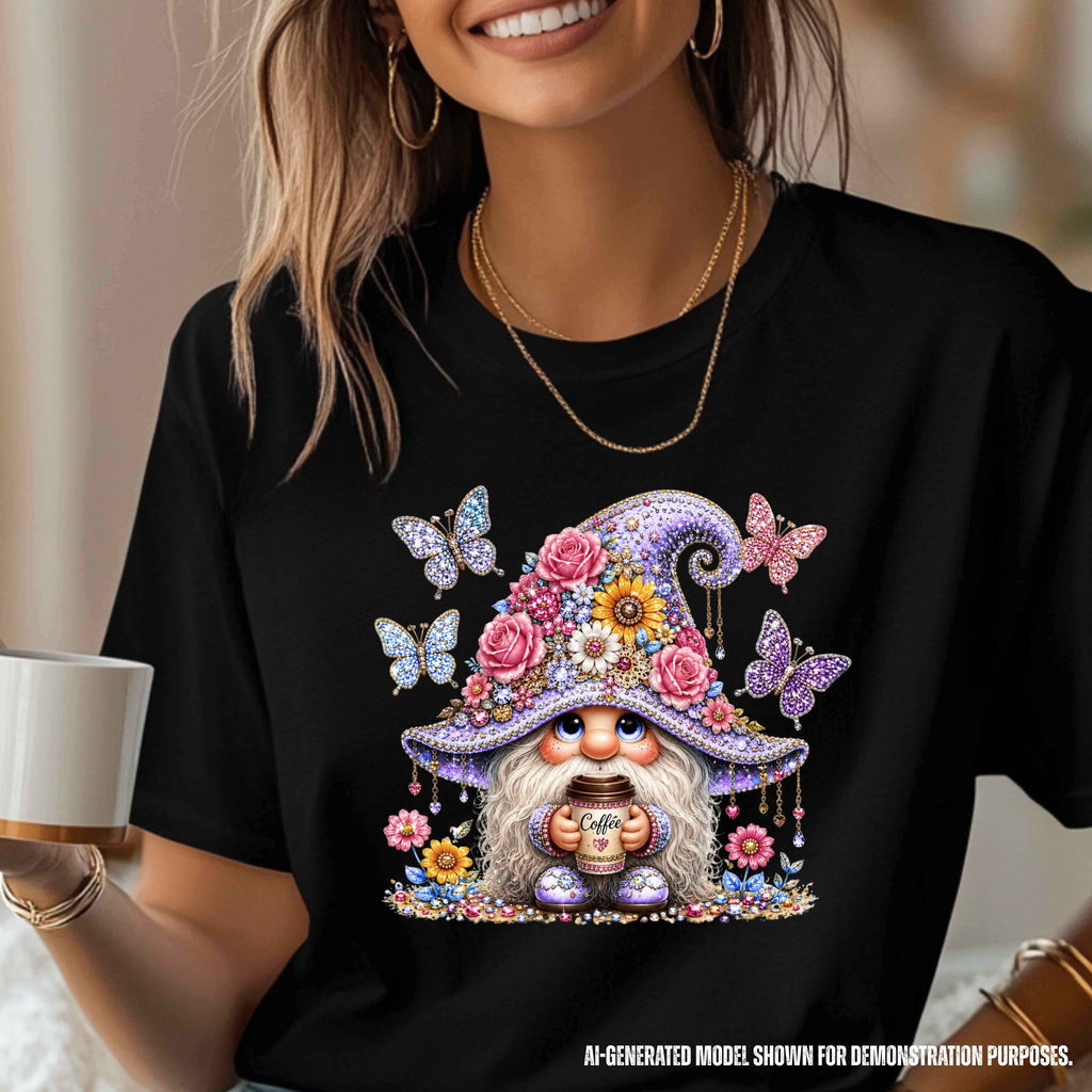 Floral Coffee Gnome Graphic T-Shirt | Cute Gnome Tee for Coffee Lovers