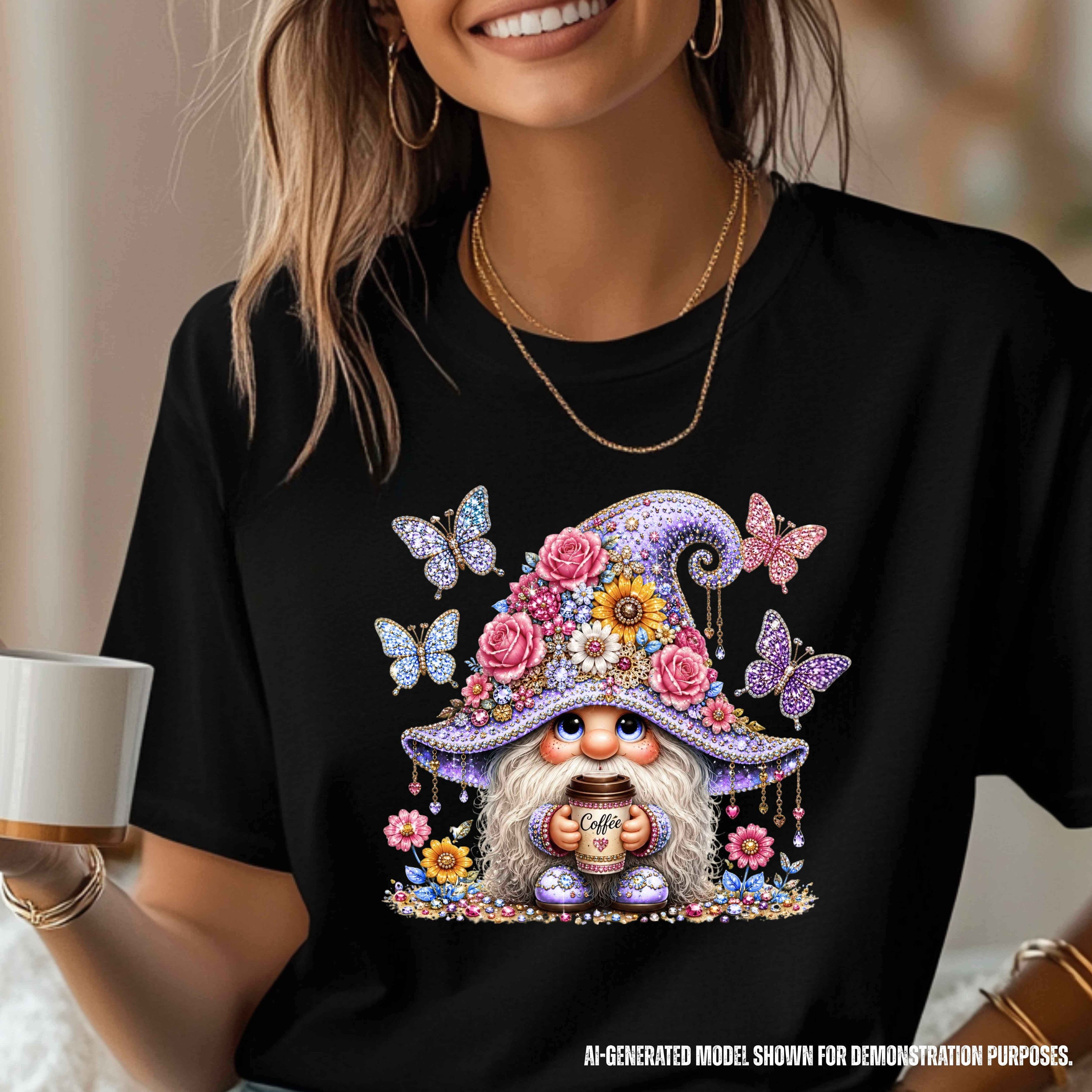 Floral Coffee Gnome Graphic T-Shirt | Cute Gnome Tee for Coffee Lovers