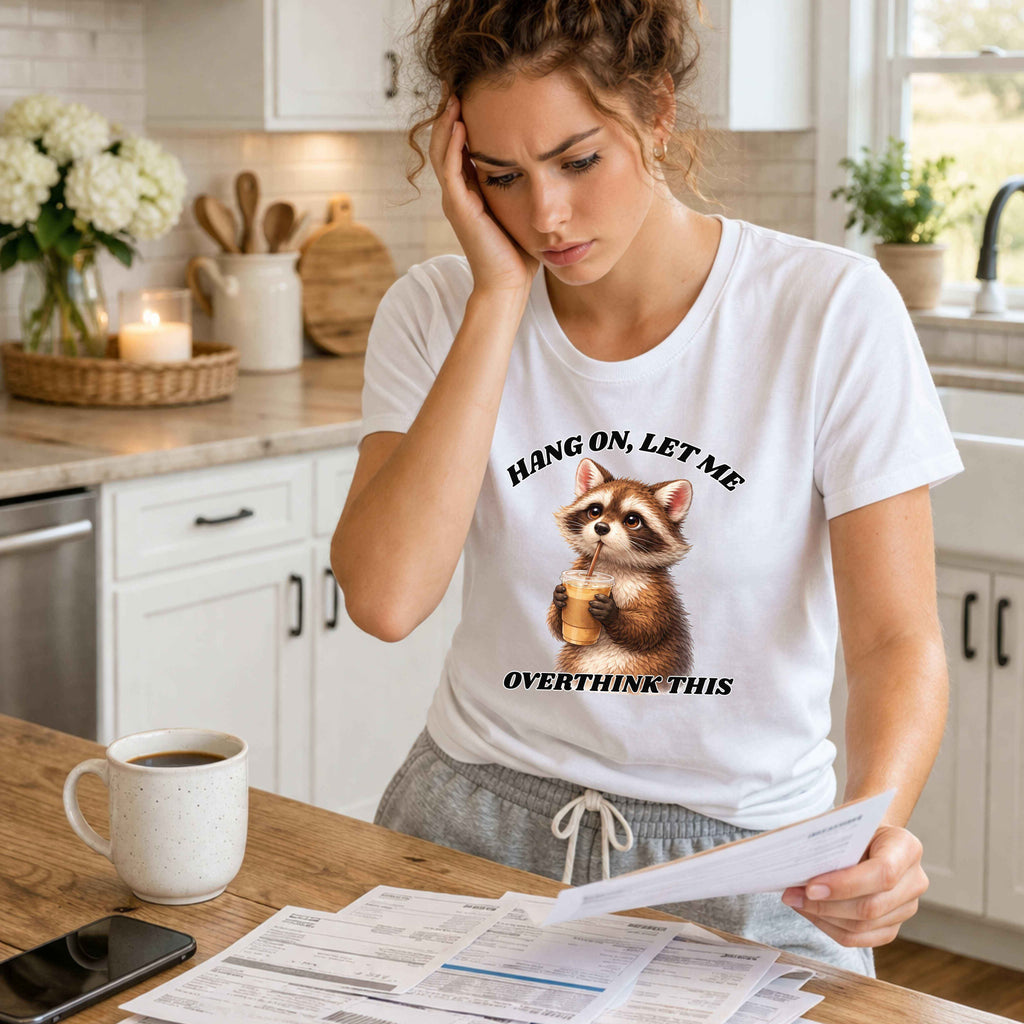 “Hang On, Let Me Overthink This” Raccoon Coffee Tee