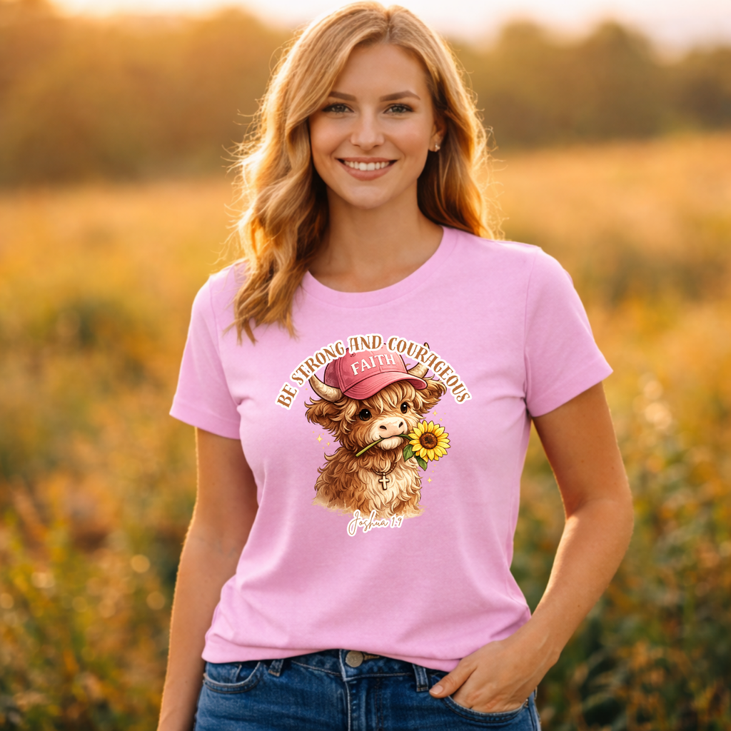 Be Strong and Courageous – Highland Cow Tee - Woven Roots Creations