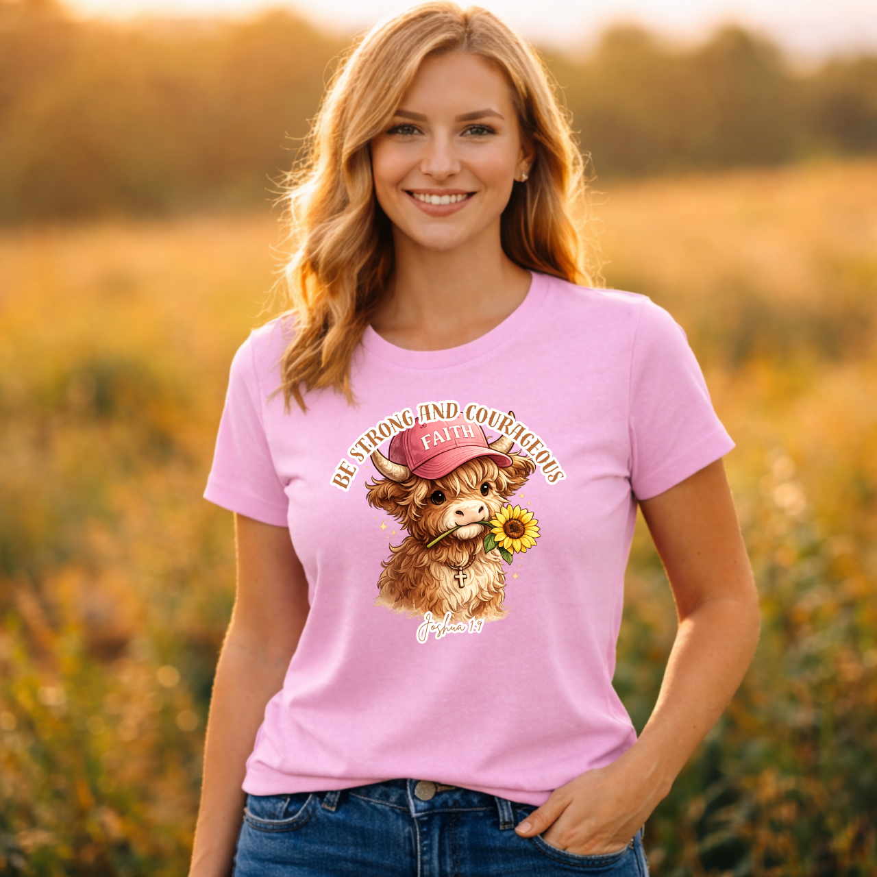 Be Strong and Courageous – Highland Cow Tee - Woven Roots Creations